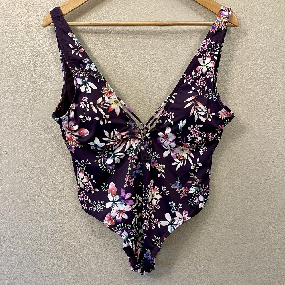 Hobie Floral‎ Swimsuit One Piece Plum Deep V Chest Detail Pool Beach Sz  L READ